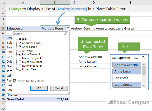 3 Ways To Display Multiple Items Filter Criteria In A Pivot Table 