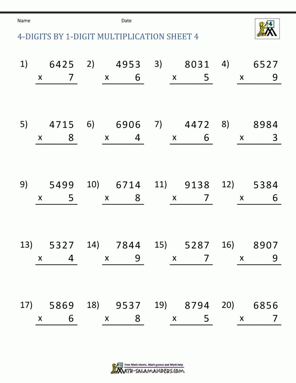 Free Printable 4 Digit By 1 Digit Multiplication Worksheets Printable