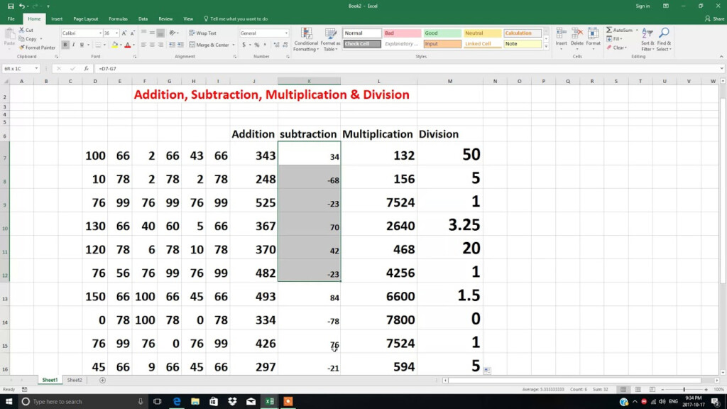 Microsoft Excel Addition Subtraction Multiplication Division YouTube