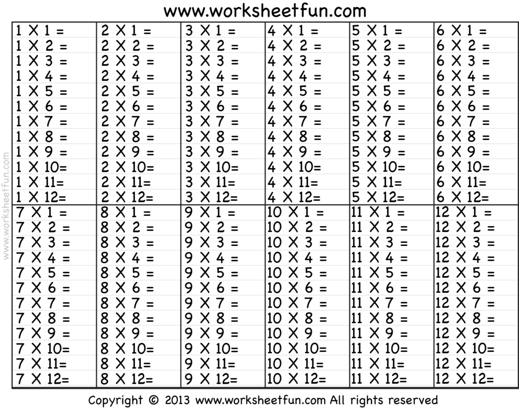 Times Tables Chart Without Answers Times Tables Worksheets