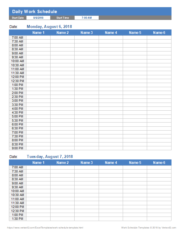 Download The Daily Work Schedule For Multiple Employees From Vertex42 